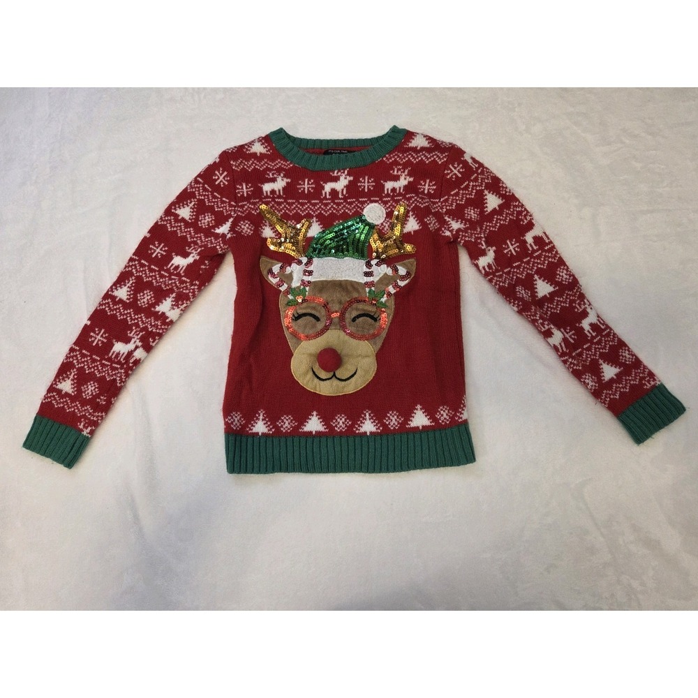 079 Girl 6 yr It's Our Time Reindeer Fair Isle Sequin Applique Crew  Sweater S